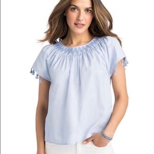 Vineyard Vines Smocked Tassel Short Sleeve Blouse